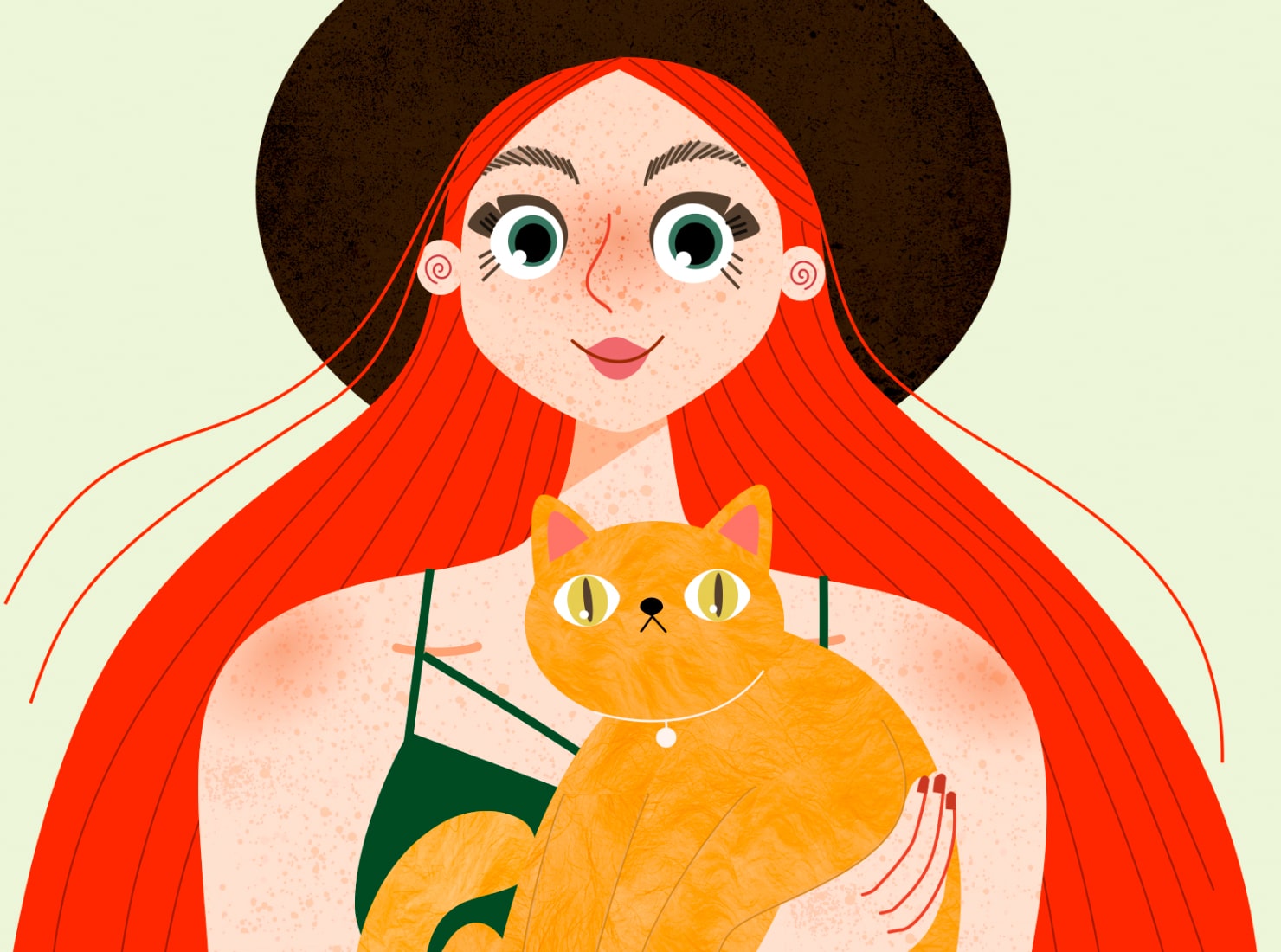 Final result of the ginger girl with a cat illustration created in the Amadine app.