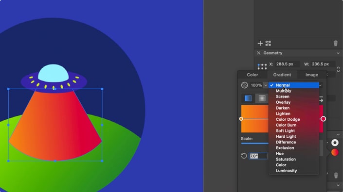 Drawing and coloring a flying saucer and its beam in Amadine