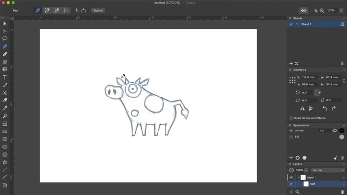 Retracing the imported hand-drawn cow in Amadine with the Pen tool