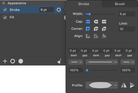 Amadine interface with Appearance panel and Stroke settings