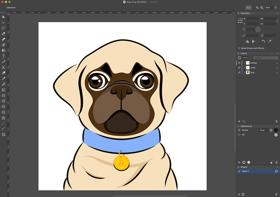 Amadine interface with the dog drawing with small details being added