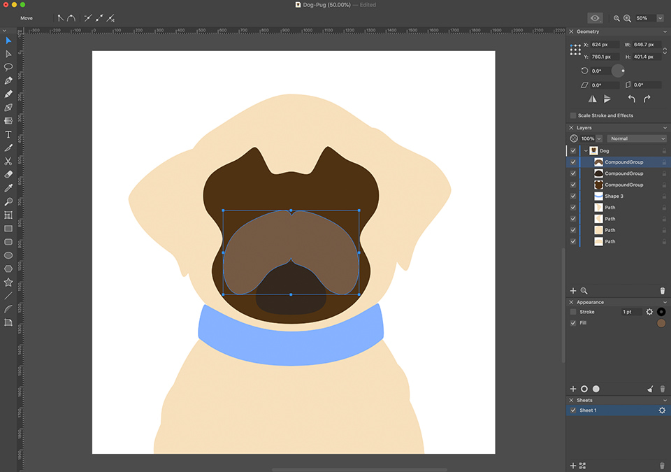 Amadine interface with the dog’s snout and more elements added and mirrored