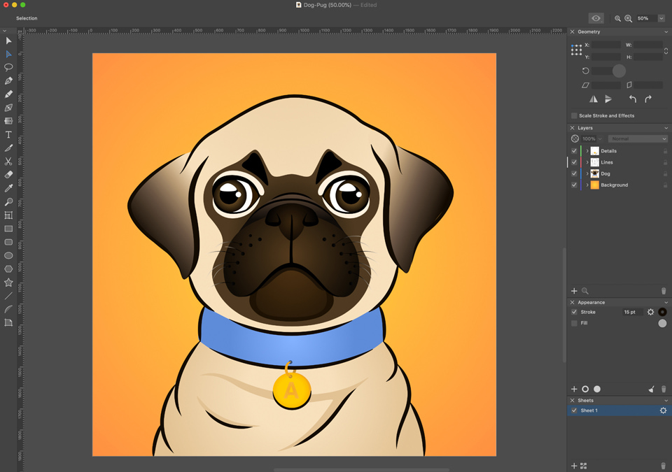 Amadine interface with the final result of the pug drawing