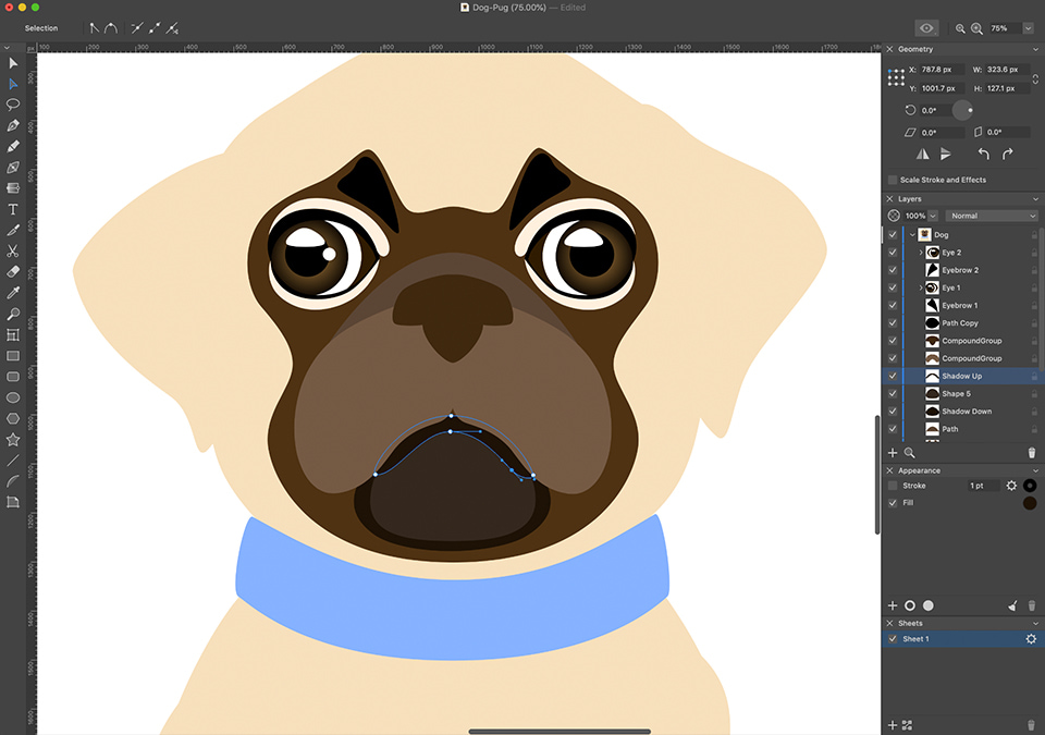 Amadine interface with the pug’s snout with smaller details being added
