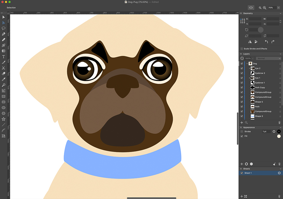 Amadine interface with the pug’s snout with both fully drawn eyes