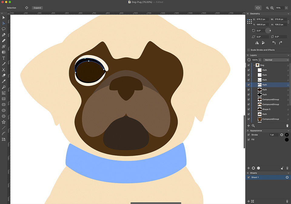 Amadine interface with the pug’s snout with one eye being drawn