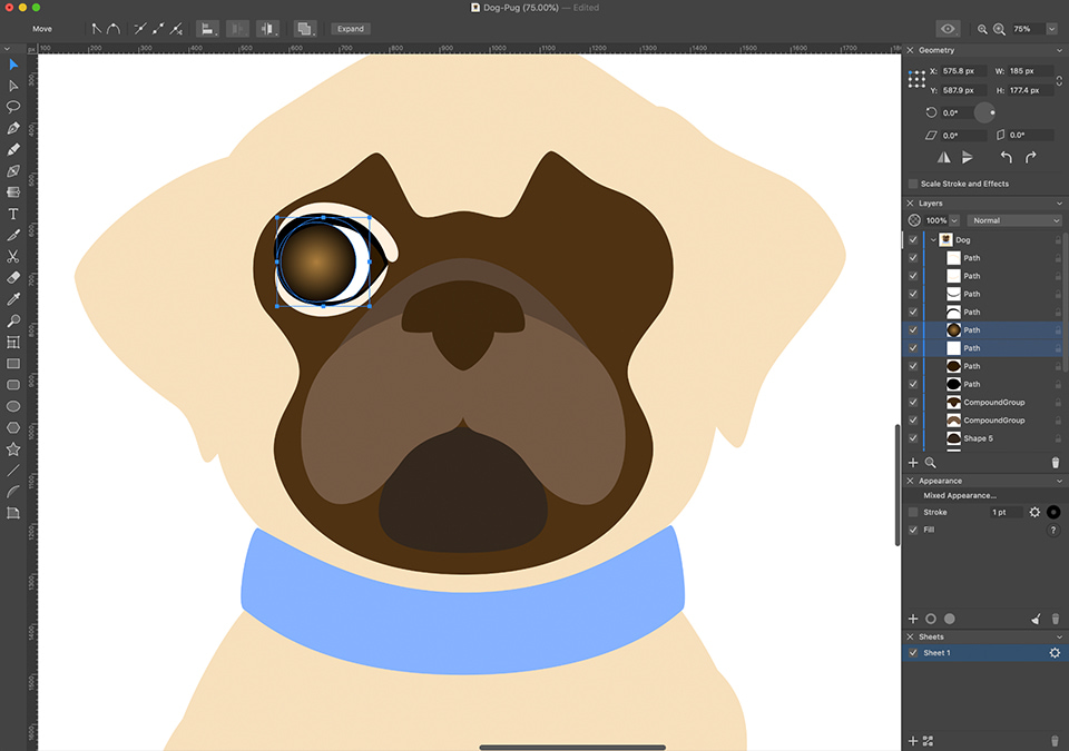 Amadine interface with the pug’s snout with one eye being finished