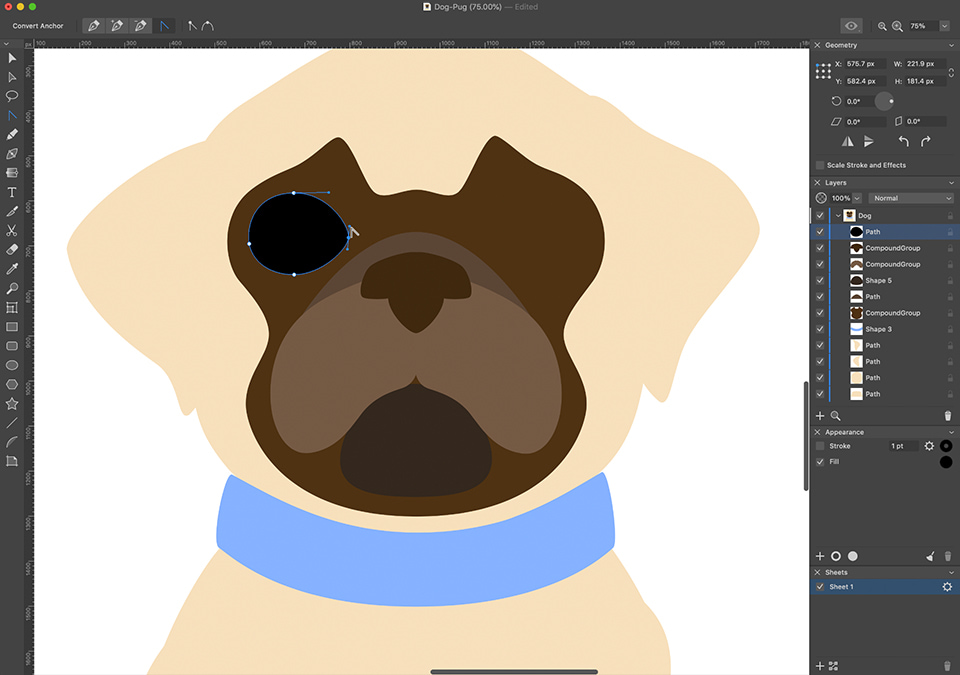 Amadine interface with the pug’s snout with one eye shape being drawn