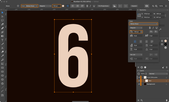Text and font settings in Amadine