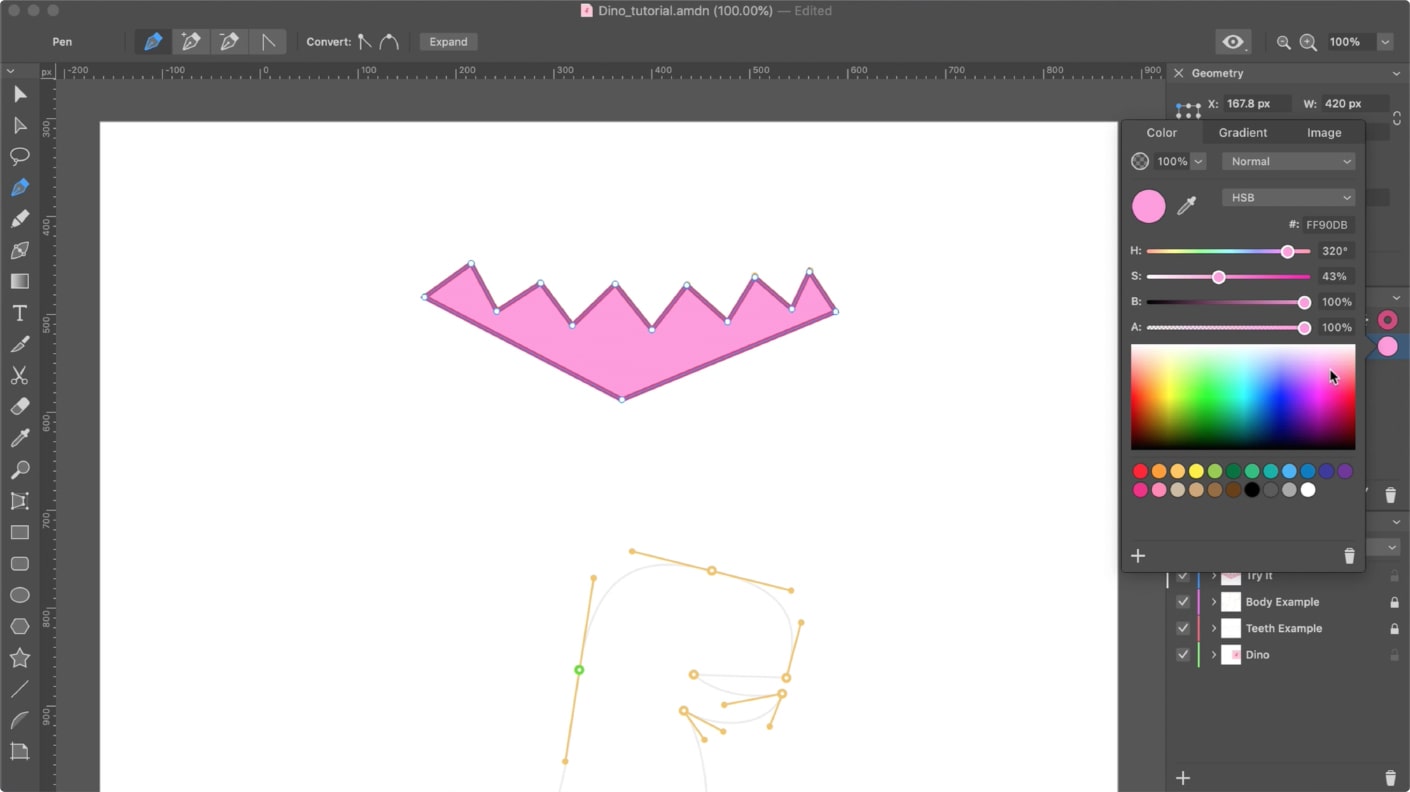 The colored shape of a free form in Amadine for Mac.