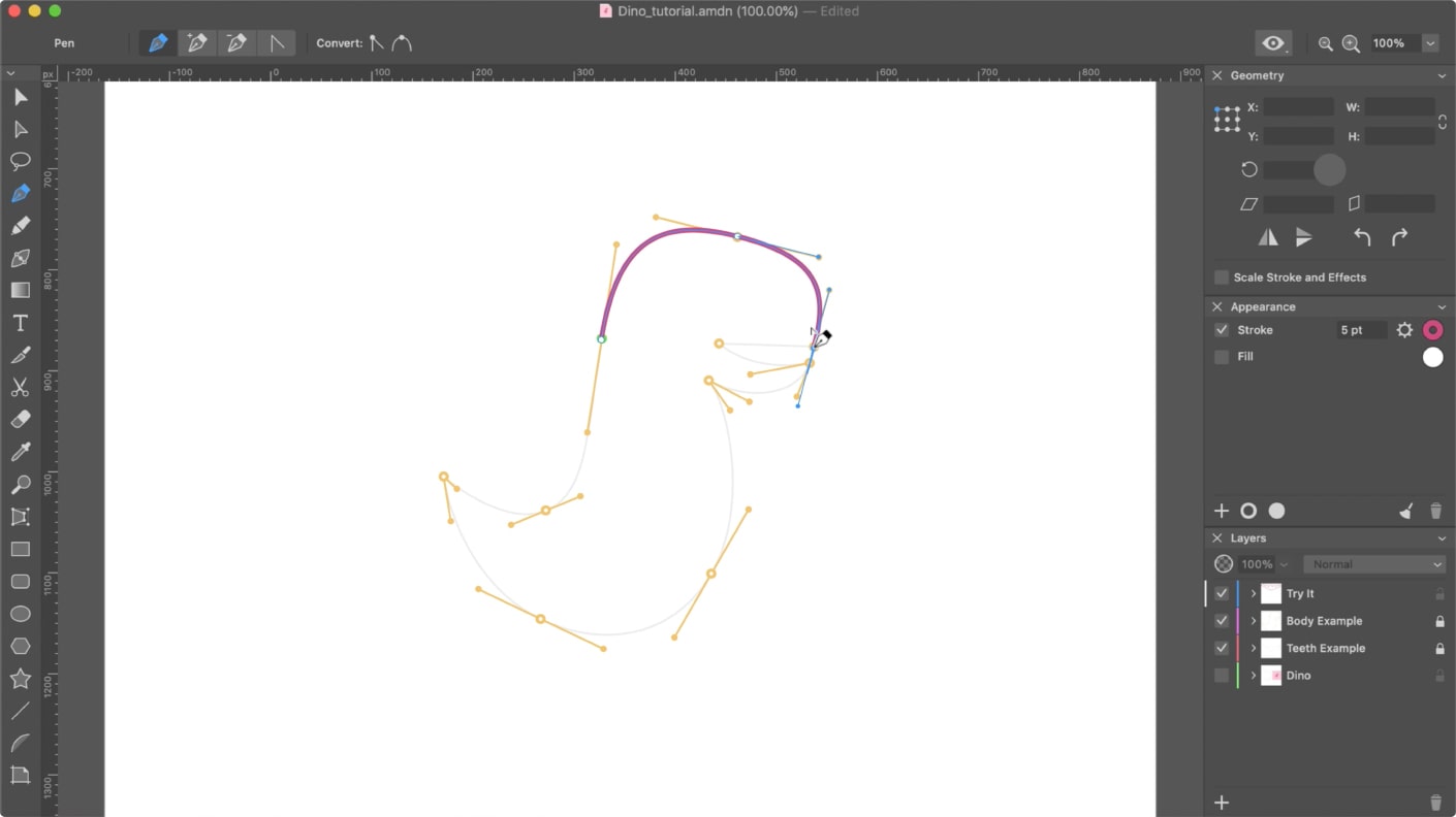 Converting a point into a corner point in Amadine for Mac.