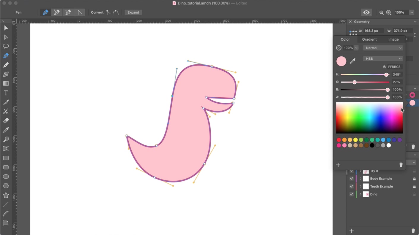 Filling the shape with color in Amadine for Mac.